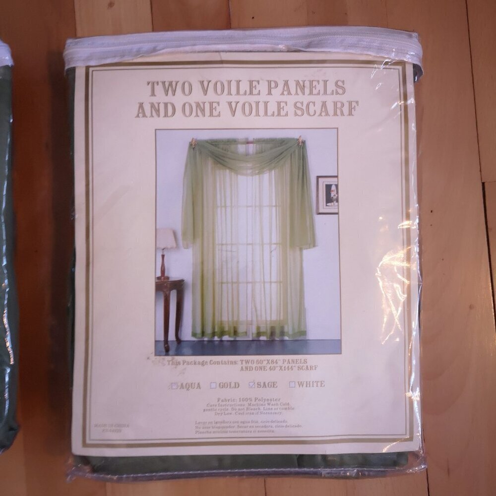 NIP Two 60"x 84" Voile Panels & One 40"x 144" Voile Scarf Sheer in Color Sage